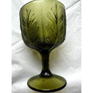 F.T.D. Green Glass Leaf Design Large Goblet Candy Dish 1975